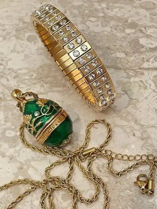 Faberge-Style Egg Necklace, Faberge-Style Pendant & 24k GOLD BRACELET for women, Faberge Egg Green, Austrian Crystal DIAMONDS Handset Handmade Jewelry 