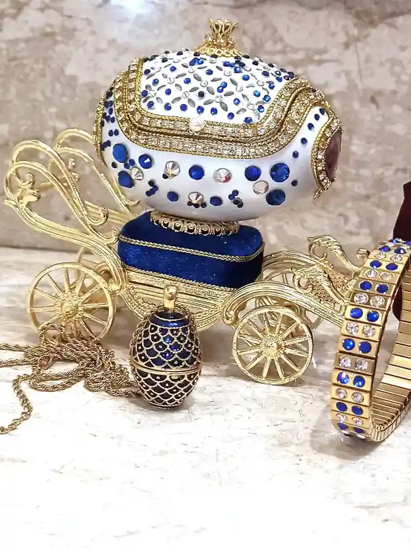 Faberge-Style Egg Jewelry box, Plus Faberge NECKLACE, Austrian Crystal Sapphire BRACELET, 24k GOLD, Musical, Graduate, Birthday Gift Wife New Mom 