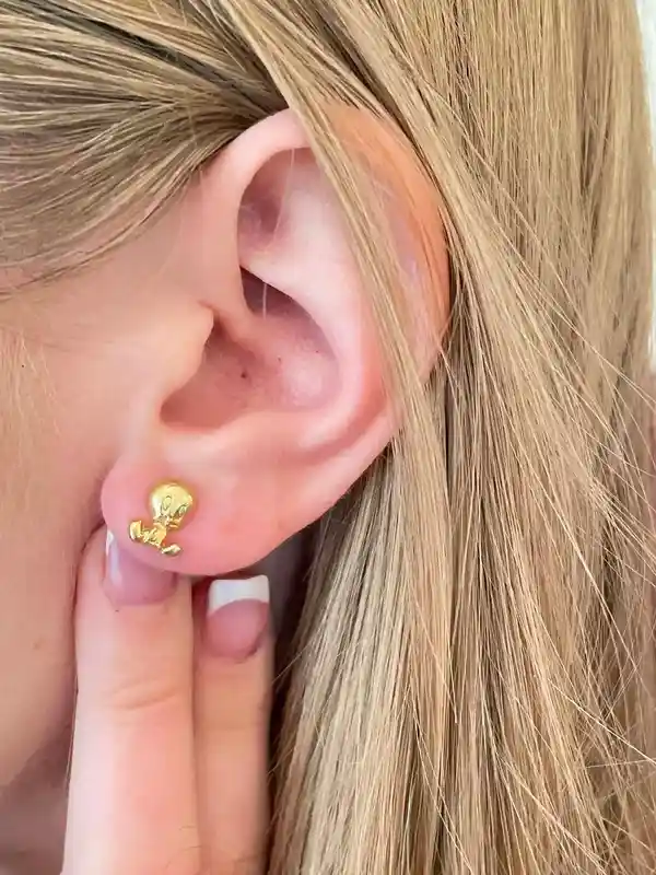 Original Vintage Earrings Tweety Bird Jewelry Gold -1st Birthday Earrings for her - Baby Shower Earrings - SOLID 18k Gold - Tweety Earrings 