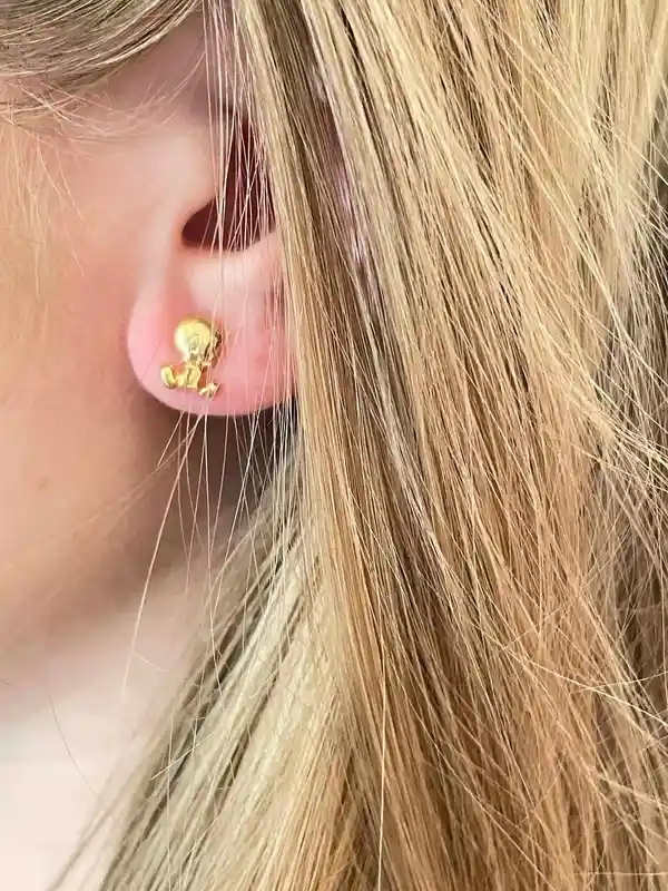 Original Vintage Earrings Tweety Bird Jewelry Gold -1st Birthday Earrings for her - Baby Shower Earrings - SOLID 18k Gold - Tweety Earrings 