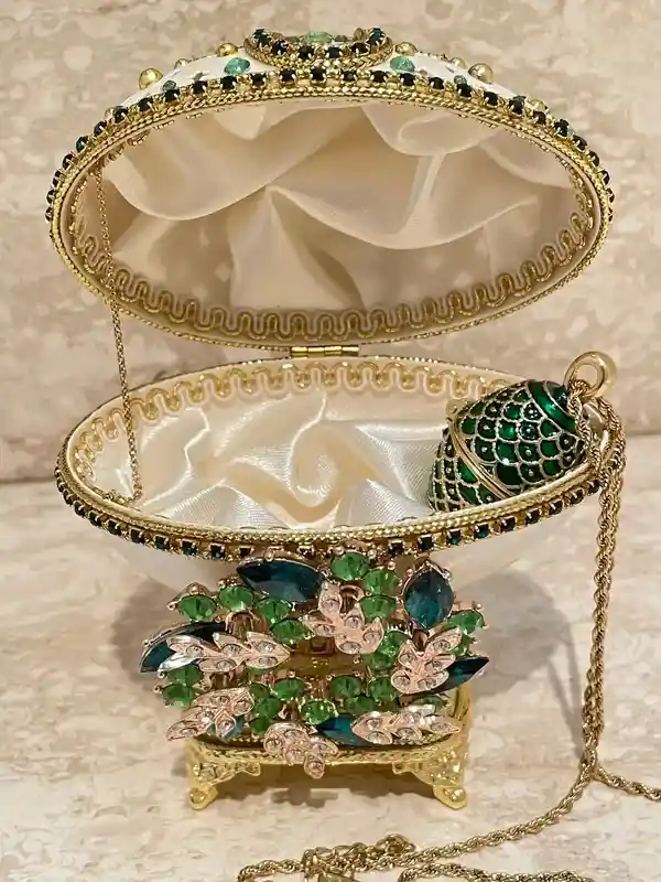 ONE OF A KIND - Antique Faberge egg style .Egg + Faberge jewelry - Faberge Egg Music Box - Decorative Faberge Egg - Crown Regal Collection 