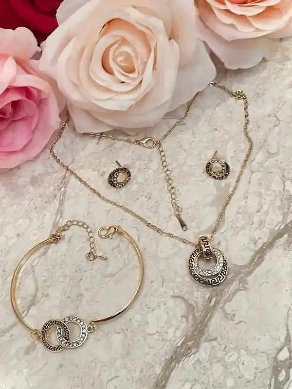 Infinity Jewelry SET Vintage 24K Yellow GOLD Ancient Greek Meander Jewelry Greek Key Necklace Bracelet Earrings 86 Austrian Crystals HANDSET 