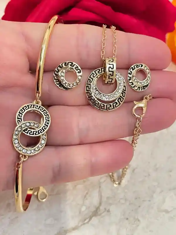 Infinity Jewelry SET Vintage 24K Yellow GOLD Ancient Greek Meander Jewelry Greek Key Necklace Bracelet Earrings 86 Austrian Crystals HANDSET 