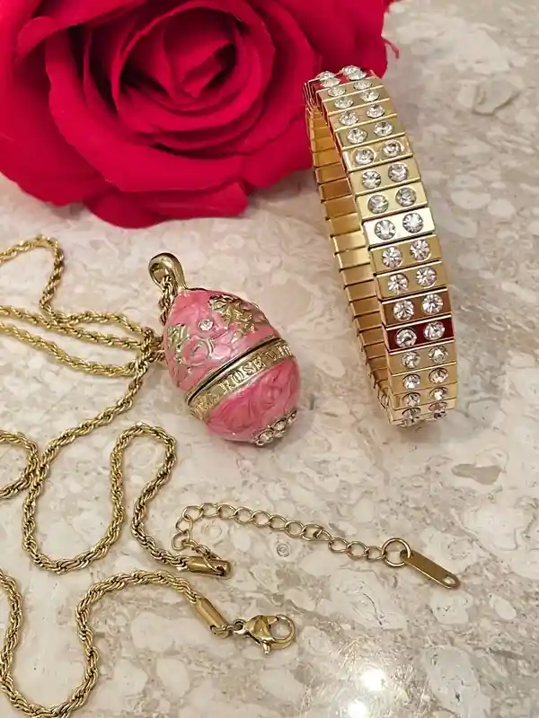 Faberge-Style Egg Necklace Pink Jewelry SET Faberge Egg Pendant & Bracelet Gold 114 Austrian Crystal Diamond HANDMADE Push Present for Mother 24k 