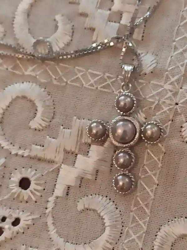 SILVER PEARL Pendant Cross for Women/Grey Pearl Jewelry Christian Gift for her/Real Pearl Necklace Cross on Chain Solid Sterling Silver HMDE 