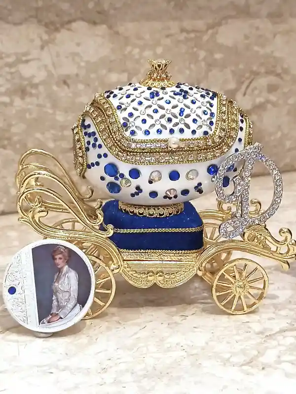 Luxury Antique Princess Diana Memorabilia Gift, Faberge Egg Music Box,Royal Diana Silver Coin Jewelry box,Faberge egg Trinket box 24kt 