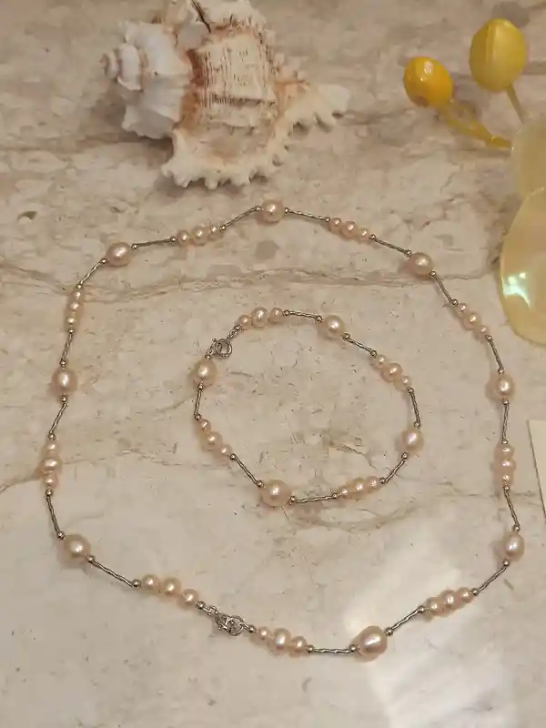 Unique SOLID Silver Necklace NATURAL Pearls Set Jewelry Peach Pearl Bracelet Necklace HANDKNOTTED Silk string Pearl Neckless Bracelet Pearl 