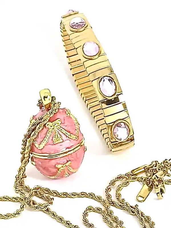 Faberge - 24k Gold Handmade - Faberge Egg pink Necklaces SET - Faberge Easter Egg Pendant - Faberge egg Jewelry for Ladies -Egg Locket Gift 
