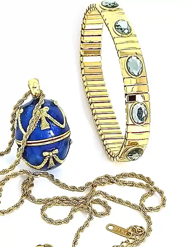 Luxury SAPPHIRE Blue Necklace - 24k GOLD -Guilloche Enamel- Faberge-Style Egg Pendant Necklace Blue -23.5