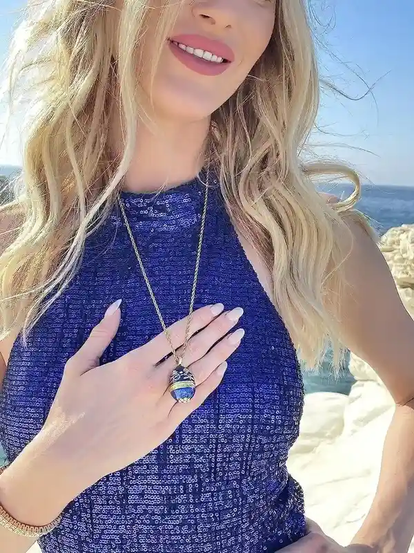 Designer Blue Faberge-Style egg Necklace Something Blue Faberge egg Pendant gift for her 114 Austrian Crystal HANDMADE Sapphire Necklace Bracelet 