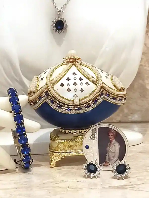 Royal gifts for Her, Princess Diana JEWELRY Set, Faberge-Style Egg,Diana Earrings, Diana Necklace, Diana Bracelet,Diana Coin,FABERGE egg MUSIC box 