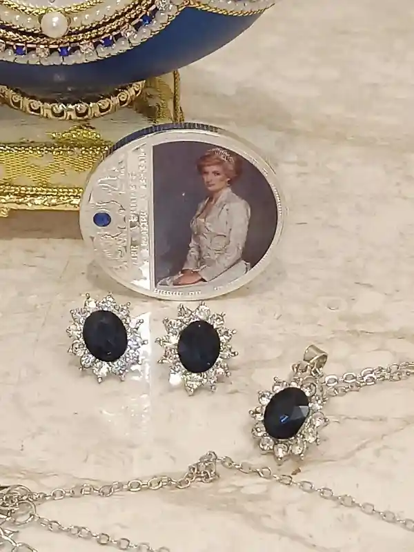 Royal gifts for Her, Princess Diana JEWELRY Set, Faberge-Style Egg,Diana Earrings, Diana Necklace, Diana Bracelet,Diana Coin,FABERGE egg MUSIC box 