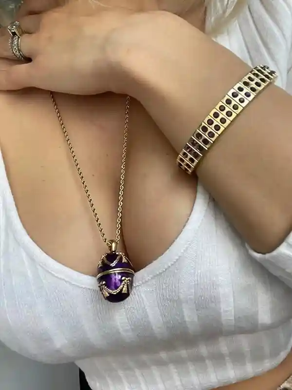 10ct, Faberge-Style, Luxury Gift Set, Fabrege egg , Amethyst Bracelet, Faberge Egg Necklace Gold, 24k, Faberge Egg style HAND CARVED Vintage egg 
