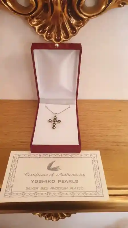 Tahitian Pearl cross solid silver 925 white gold rhodium plated authentic pearls HAND MADE TWO interchangeable solid silver 925 chains 