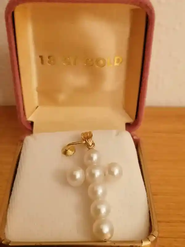 Solid 18Kt Yellow Gold Akoya Pearl Cross Pendant Necklace Religious Charm REAL CULTURED Pearl Christian Pendant AUTHENTIC Akoya Pearl Cross 