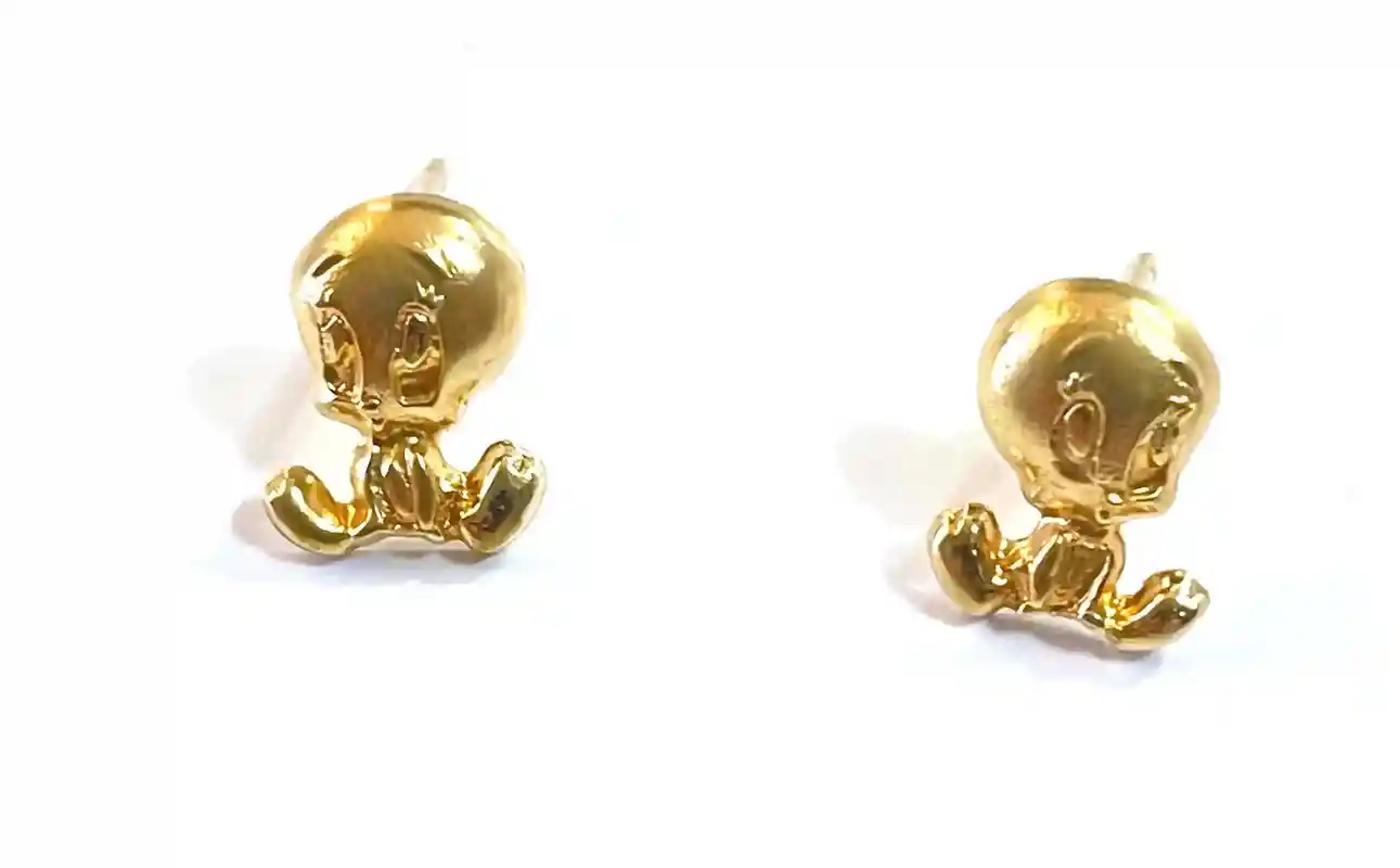 Tweety Bird Earrings - SOLID 18k Gold - Vintage Warner Bros Jewelry for women - Tweety Stud Earrings - 