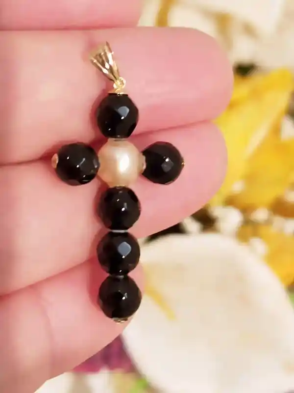 ONE Of a Kind Cross, Handmade Cross,Christian Pendant,SOLID 18k Gold AKOYA,Pearl Cross,Onyx Gem,Crucifix,18kt Gold bail & tips,Christ Gift 