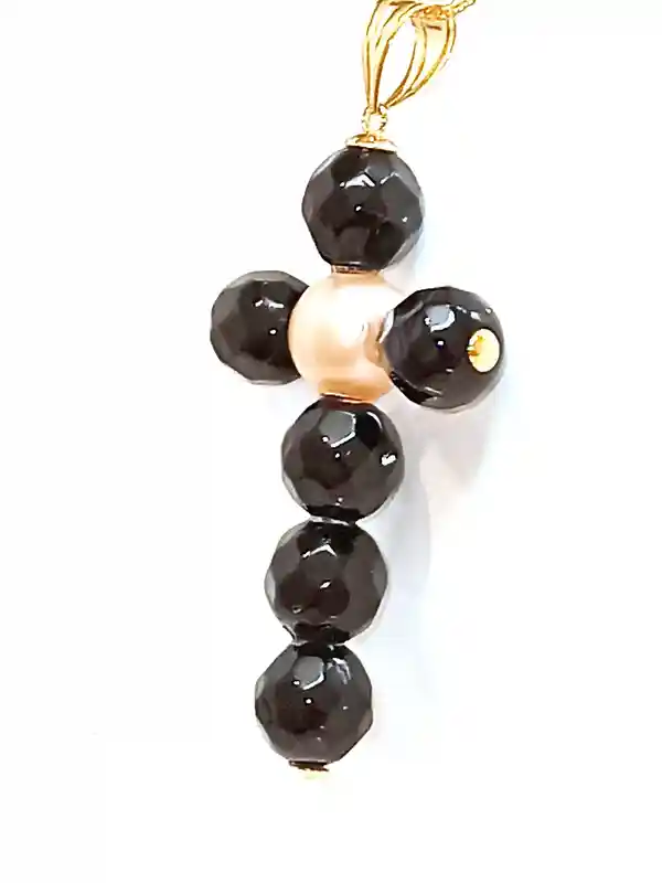ONE Of a Kind Cross, Handmade Cross,Christian Pendant,SOLID 18k Gold AKOYA,Pearl Cross,Onyx Gem,Crucifix,18kt Gold bail & tips,Christ Gift 