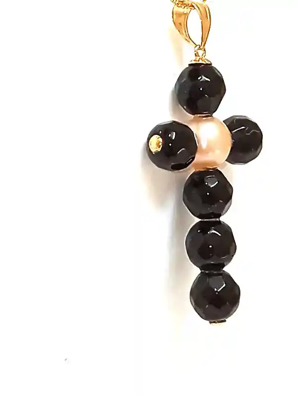 ONE Of a Kind Cross, Handmade Cross,Christian Pendant,SOLID 18k Gold AKOYA,Pearl Cross,Onyx Gem,Crucifix,18kt Gold bail & tips,Christ Gift 