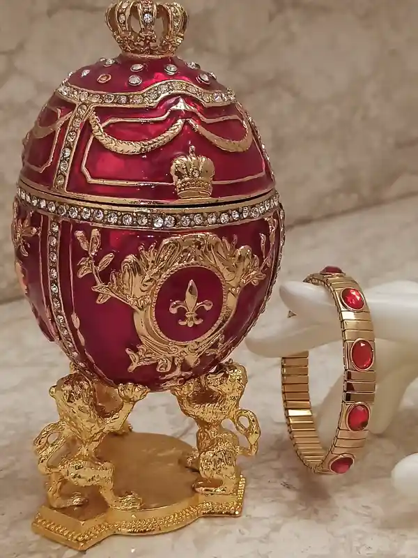 Royal Lion Trinket Easter Trinket Box Gift Love Ornament Easter Jewelry Box 24k GOLD HANDMADE DESIGNER 4ct Lion Egg & 2ct Ruby Bracelet 