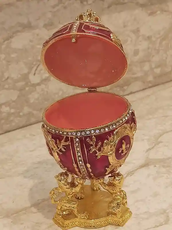 Royal Lion Trinket Easter Trinket Box Gift Love Ornament Easter Jewelry Box 24k GOLD HANDMADE DESIGNER 4ct Lion Egg & 2ct Ruby Bracelet 