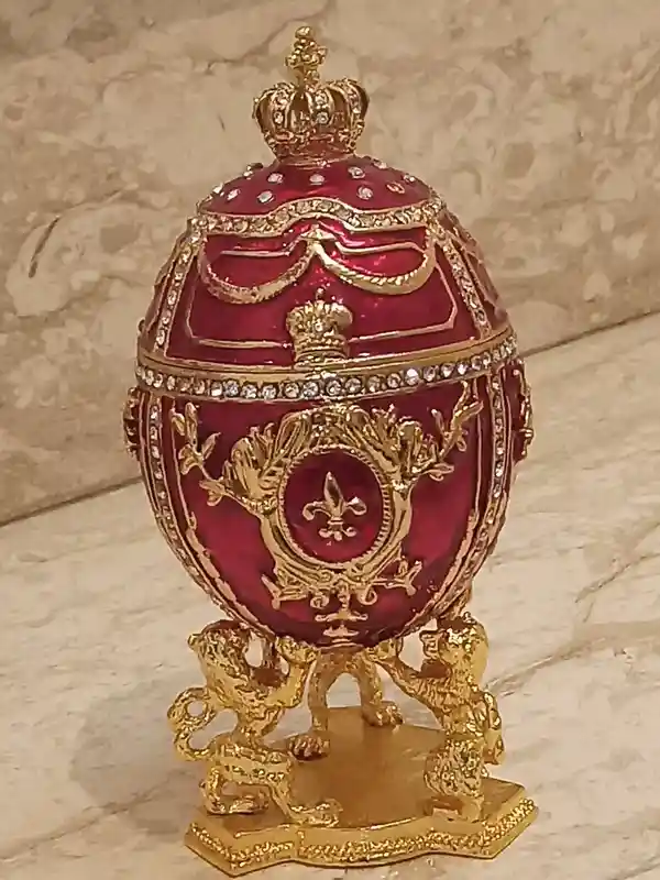 Royal Lion Trinket Easter Trinket Box Gift Love Ornament Easter Jewelry Box 24k GOLD HANDMADE DESIGNER 4ct Lion Egg & 2ct Ruby Bracelet 