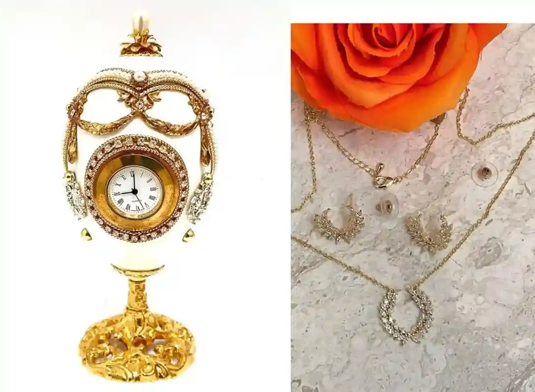 40 Year Faberge Egg Style Antique Faberge Music Box & GOLD Jewelry SET for women HANDCARVED Natural Egg 24k Gold Swarovski Handset Trinket