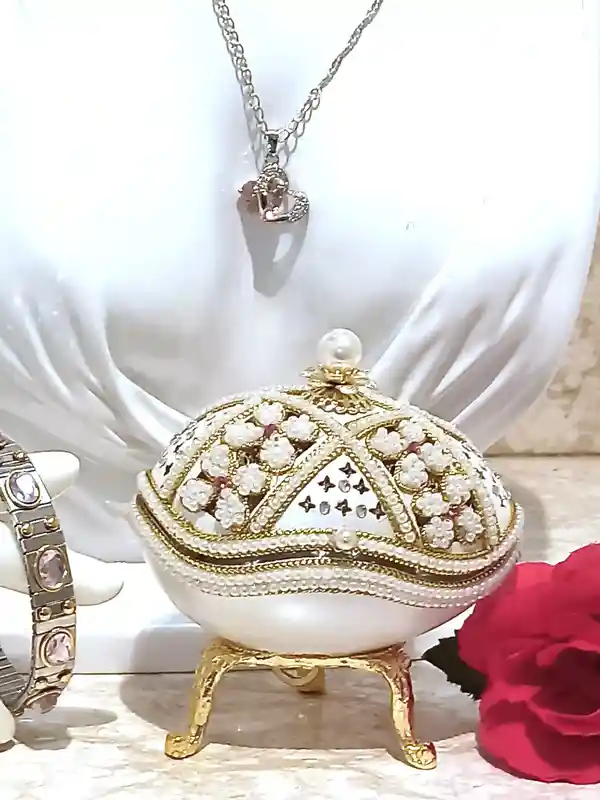 Sweet Birthday Gift for Her Pink FABERGE-Style Egg Musical Jewelry box, Faberge Pendant HEART Necklace Silver Bracelet Pink Topaz Faberge Egg SET 