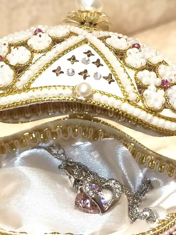 Sweet Birthday Gift for Her Pink FABERGE-Style Egg Musical Jewelry box, Faberge Pendant HEART Necklace Silver Bracelet Pink Topaz Faberge Egg SET 