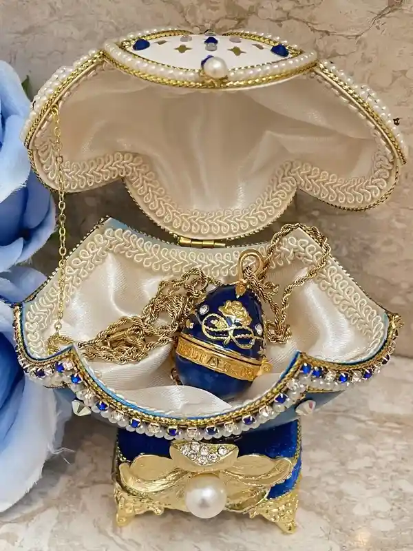 1993 Luxury Jewelry Box Faberge Egg Jewelry SET- Faberge Egg Something Blue Something New HandCarved Natural Egg 24k Gold Austrian Crystal 