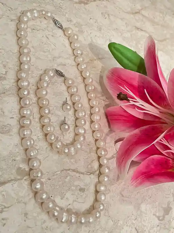 Cultured Akoya Pearl Jewelry Sterling Silver Necklace Bracelet Earrings VINTAGE Pearl Necklace 8mm Anniversary gift for her SILK Strung 1982 
