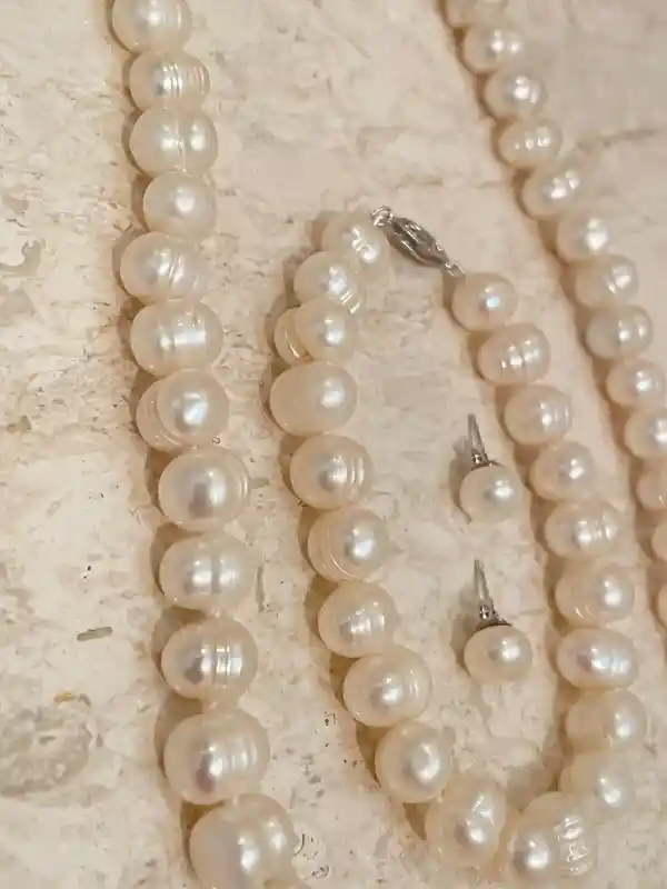 Cultured Akoya Pearl Jewelry Sterling Silver Necklace Bracelet Earrings VINTAGE Pearl Necklace 8mm Anniversary gift for her SILK Strung 1982 