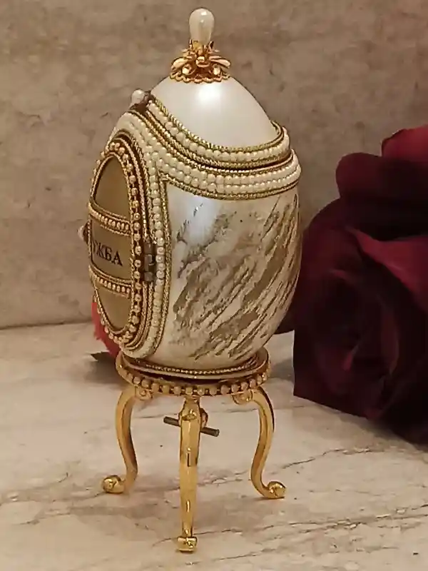 Imperial Faberge Egg Style 24kGOLD HANDCARVED Real egg Musical Gift Jewelry box VINTAGE Unique Friend gift Faberge Photo frame Ornament 