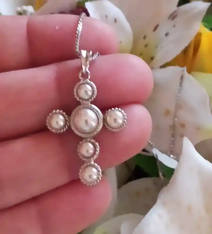 White Pearl Necklace Cross Pendant SILVER /Real Pearl Cross On Chain Silver/Baptism Cross/Christening Cross/ First Communion Gift for girls/ 