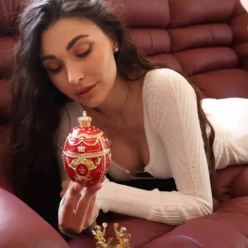 Imperial Faberge-Style Egg Trinket Jewel Box with Lions & Emperor's Crown 16.8cm (6.5'') Red 200 HANDSET 5ct Swarvoski Diamond Christmas present