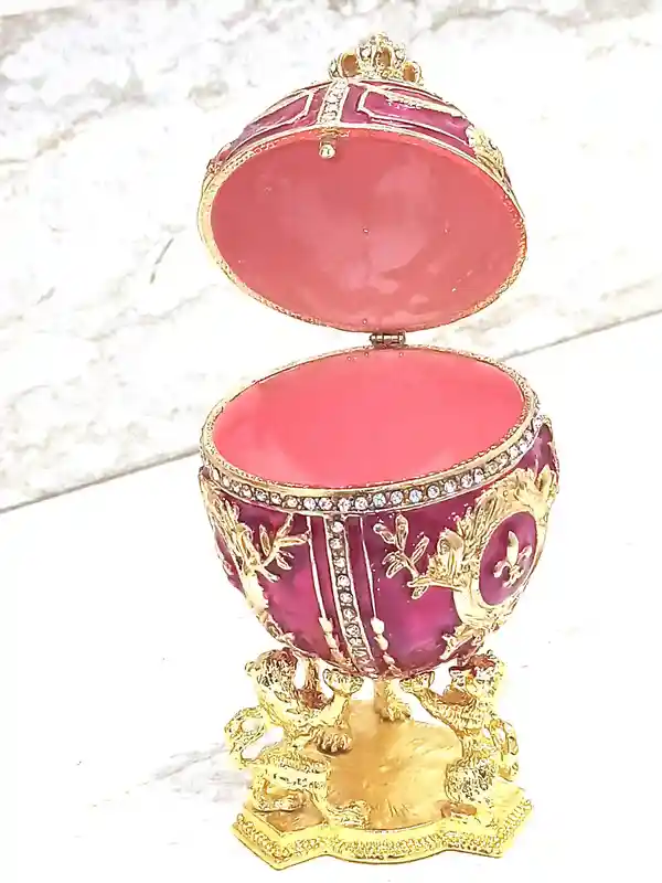 Imperial Faberge-Style Egg Trinket Jewel Box with Lions & Emperor's Crown 16.8cm (6.5'') Red 200 HANDSET 5ct Swarvoski Diamond Christmas present 