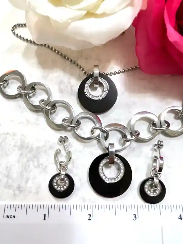 HANDMADE Diamond Black Onyx SET Necklace, Silver Onyx Earrings + Black Diamond Necklace + Onyx Bracelet for women, Mother's Day gift for her 