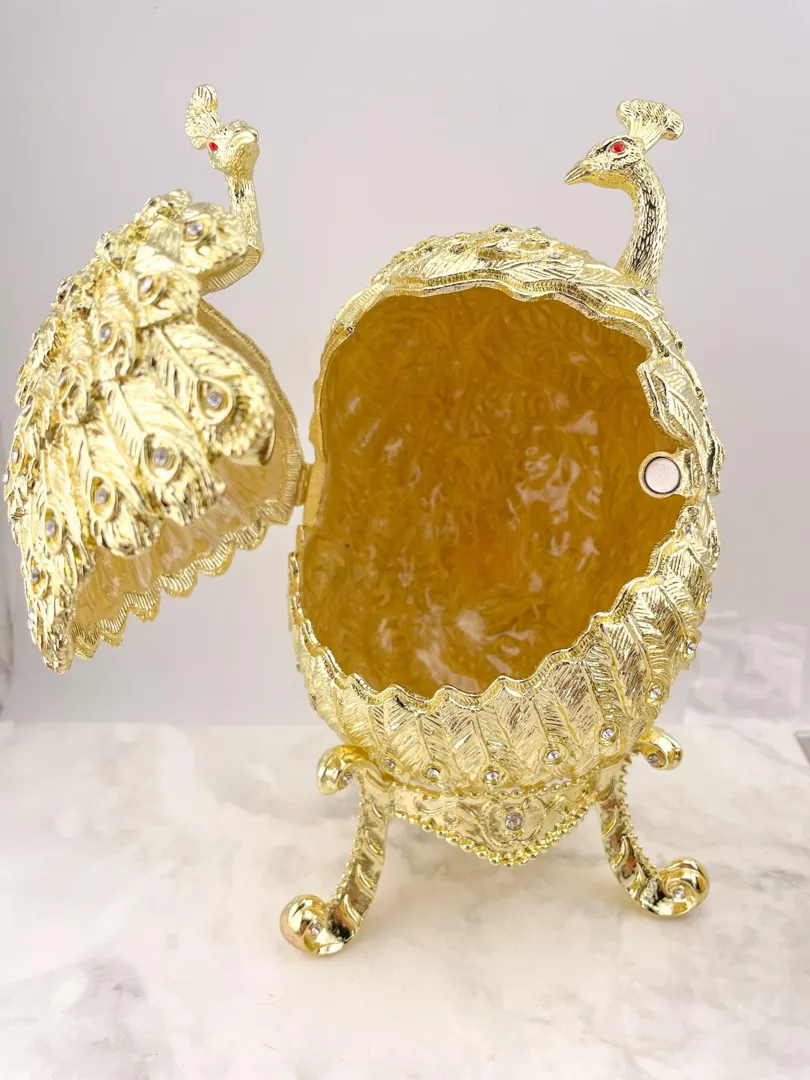 Designer Gold Peacock Trinket Box, Faberge Egg Jewelry Box, Swarovski Handmade Fabergé Egg, Peacock Power Strength Pride Symbolic Gift, Birthday.
