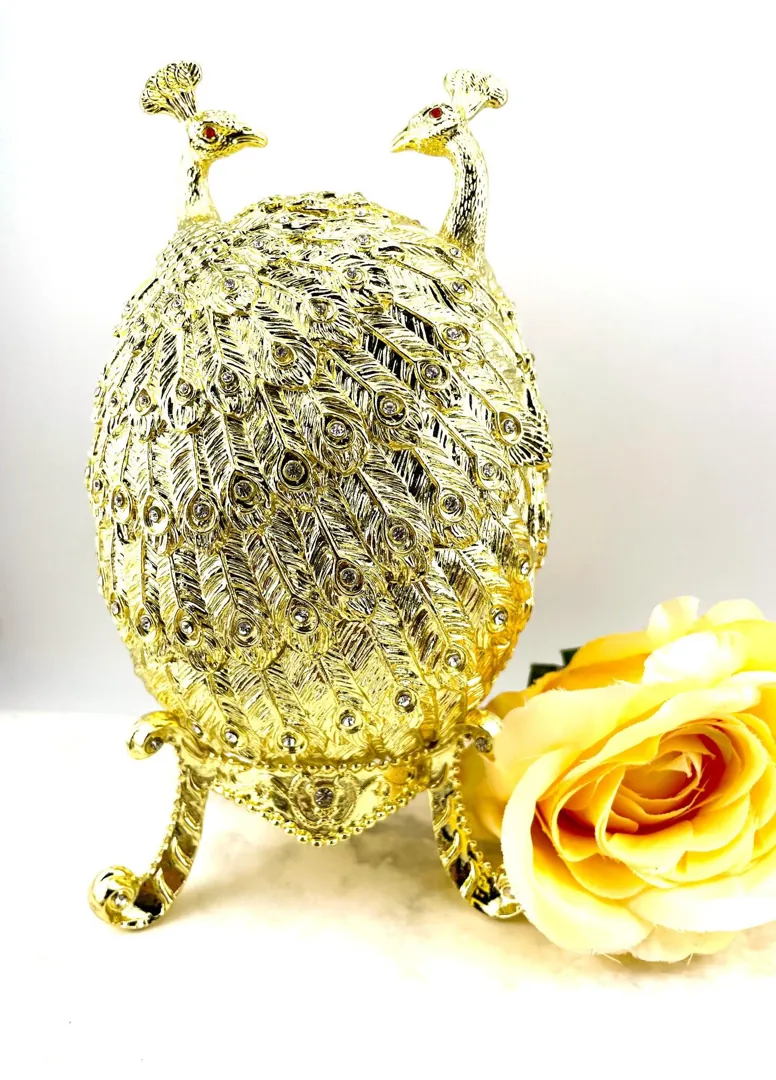 Designer Gold Peacock Trinket Box, Faberge Egg Jewelry Box, Swarovski Handmade Fabergé Egg, Peacock Power Strength Pride Symbolic Gift, Birthday.