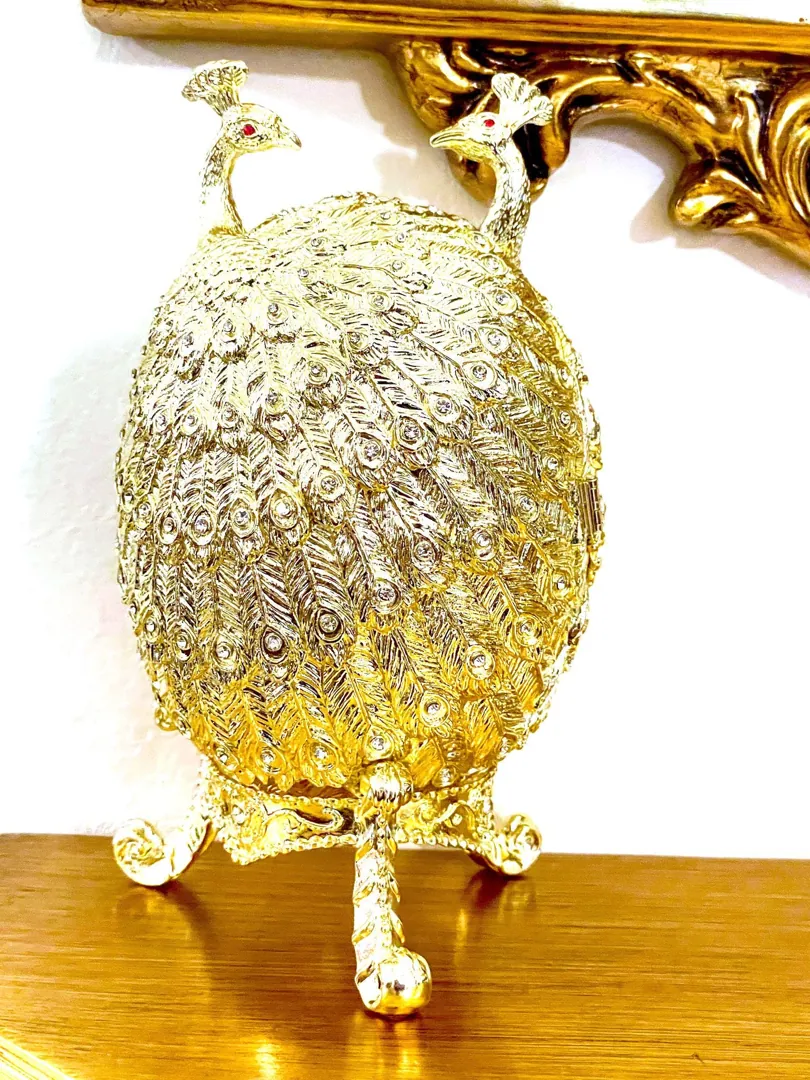 Designer Gold Peacock Trinket Box, Faberge Egg Jewelry Box, Swarovski Handmade Fabergé Egg, Peacock Power Strength Pride Symbolic Gift, Birthday.