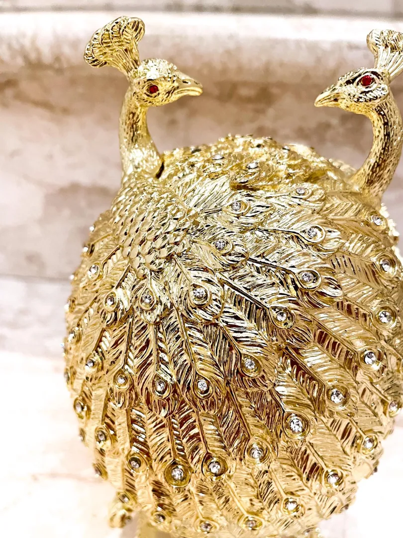 Designer Gold Peacock Trinket Box, Faberge Egg Jewelry Box, Swarovski Handmade Fabergé Egg, Peacock Power Strength Pride Symbolic Gift, Birthday.