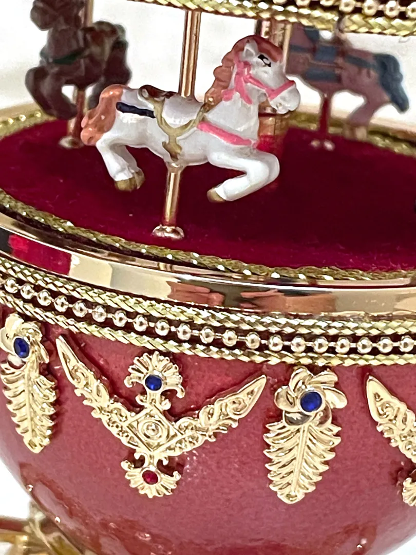 Designer Faberge Egg Antique Carousel, Natural Egg, Pure Gold Decor, Swarovski Gem, Handmade Carousel Horse Music Box, Anniversary, 18th Birthday.