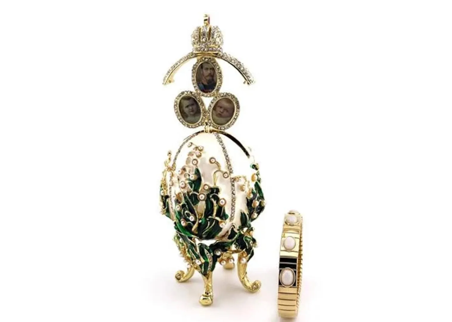 White Fabergé Imperial Coronation Egg 1898 Fabergé style egg bracelet. Swarovski, gold, pearl egg. Bridal shower, engagement, wedding gift for her.