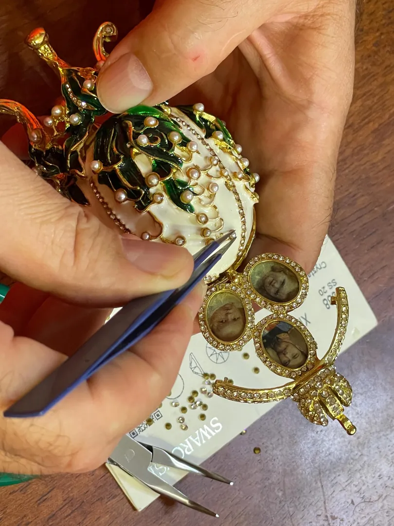 White Fabergé Imperial Coronation Egg 1898 Fabergé style egg bracelet. Swarovski, gold, pearl egg. Bridal shower, engagement, wedding gift for her.