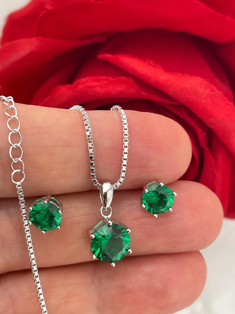 Pierre Lorren 2ct Natural Emerald Necklace and Earrings Set. Real Emerald Pendant, Handmade Jewelry for Bride and Bridal Shower Gifts for Daughter. Total Carat Weight: 4ctw.
