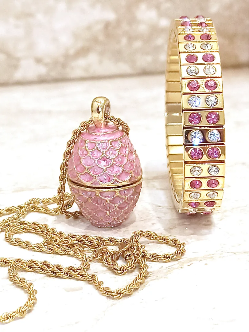 Pink Jewelry for women, Faberge Egg Necklace, and Bracelet, Pink Gold Jewelry, Teen Girl Jewelry, Teenage Girl Gifts, Teen Birthday, 24k Gold, Faberge