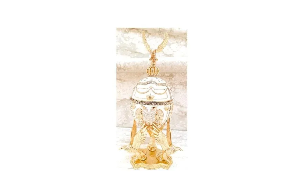 White Limited Edition Musical Faberge Egg Pure Gold Decor Swarovski Crystal Diamond Faberge Style Egg Bride-to-Be Anniversary Wedding Gift
