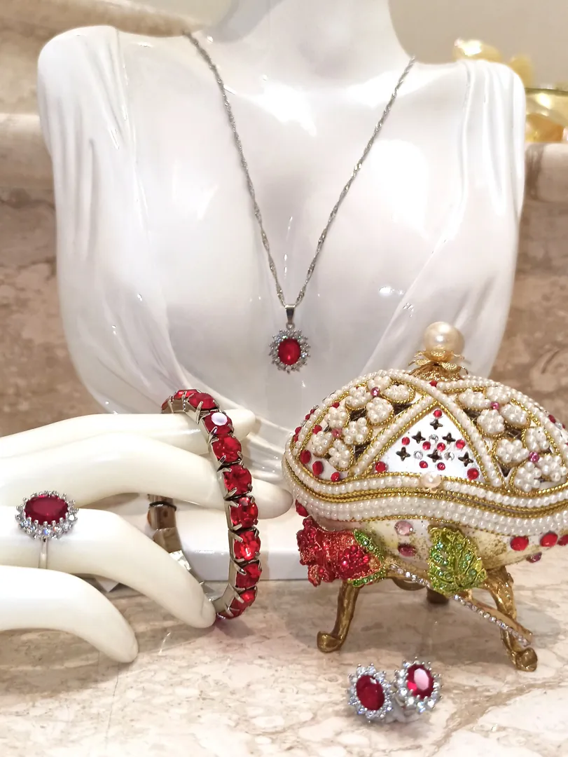 RUBY Luxury Gift for Her Faberge Egg & Sterling Silver Jewelry Set for Women Faberge Egg Style Decorative Boxes Home Decor Ornament House