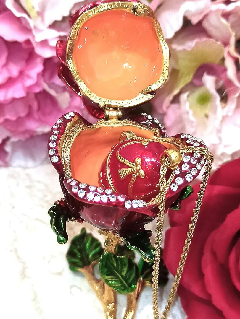 Pure Gold Rose Red Faberge Egg Valentine's Day Gift for Her Faberge Style Egg Trinket PLUS Faberge Egg Necklace Pendant HANDMADE Jewelry