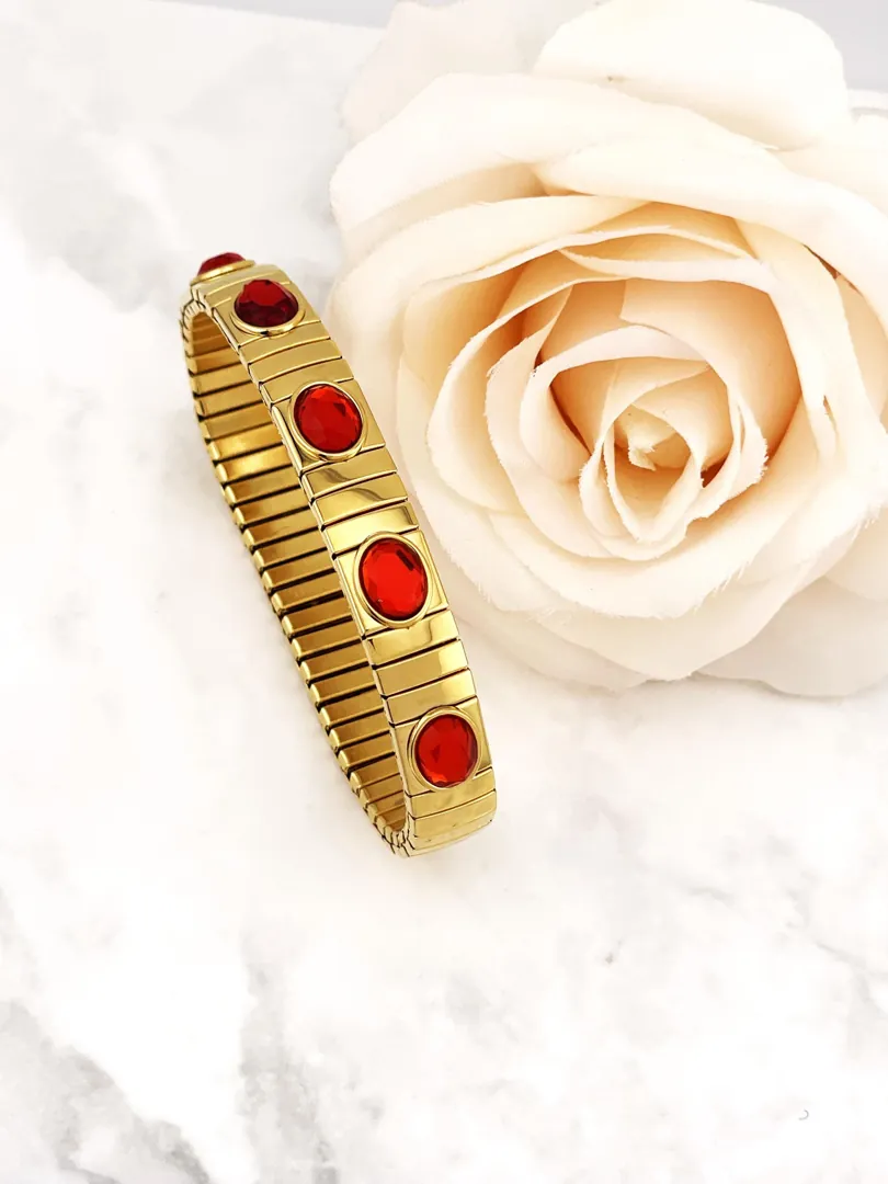 Ruby Bangle Bracelet for Women Handmade Jewelry Ruby Tennis Bracelet with 5 Swarovski Crystal Rubies in Yellow Gold. Ruby Anniversary Gift for Her.